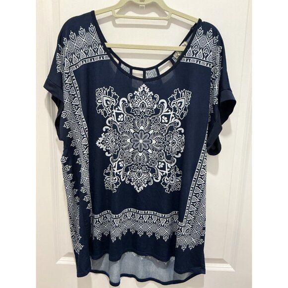 Lavish Tops - Lavish Plus Top 3X Handkerchief Design Blue White Upper Back Cut Outs